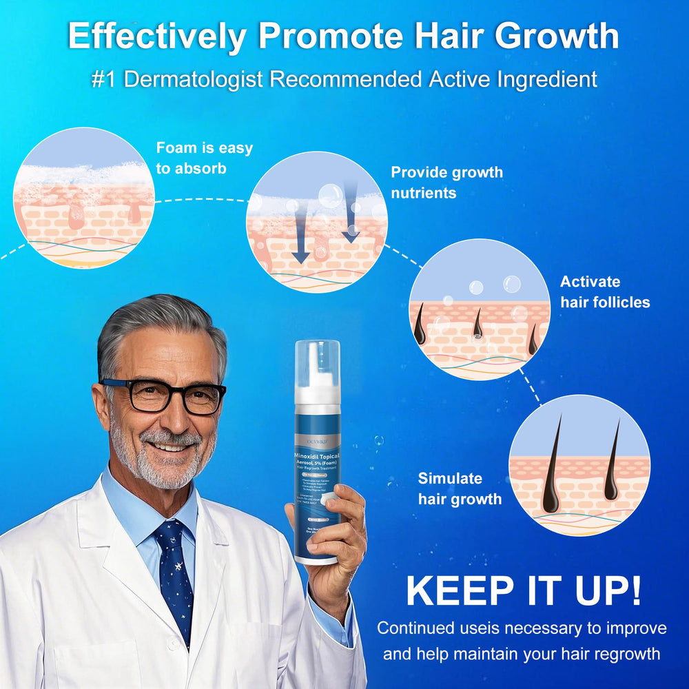 OCVWJKD Biotin-infused 5% Minoxidil Foam label highlights nourishing nutrients.
