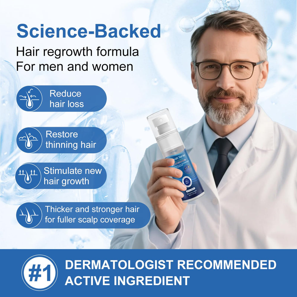 OCVWJKD Minoxidil spray packaging shown for at-home treatment.