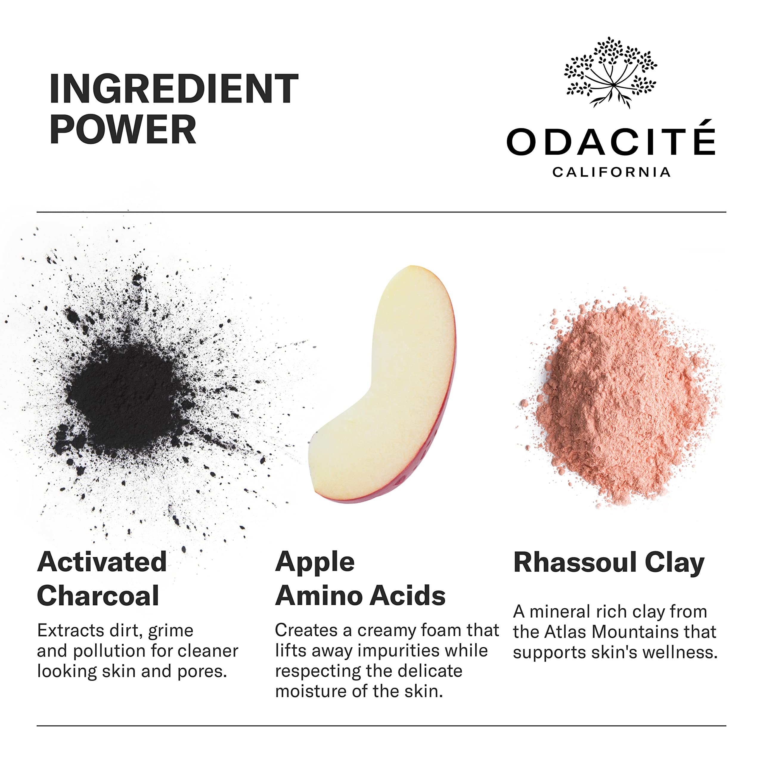 ODACITE Apple amino acids preserve moisture while cleansing the skin.