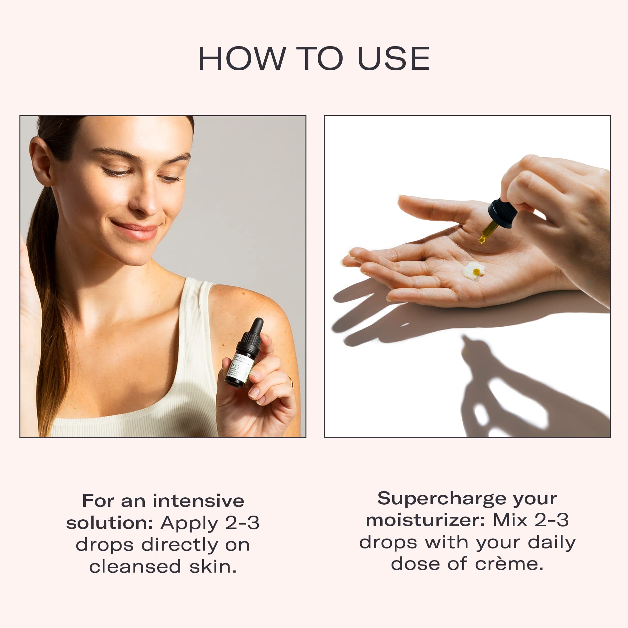 Odacité dropper applying 2-3 drops on cleansed skin for intensive use