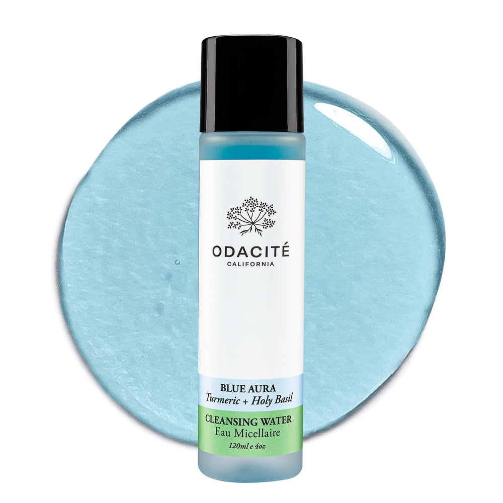 Odacité Blue Aura bottle demonstrates no-rinse micellar cleansing for quick removal