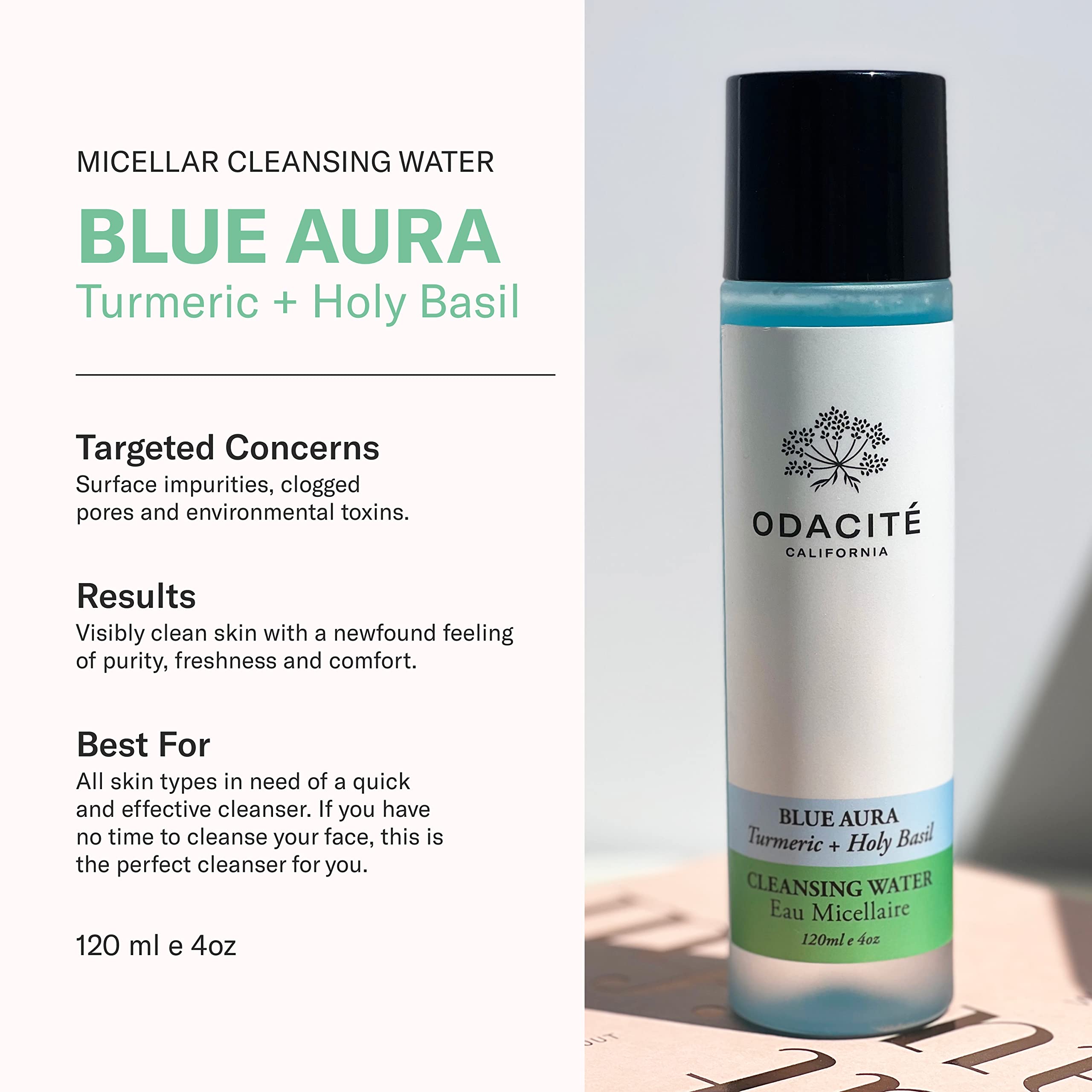 Odacité Blue Aura cotton pad application removes makeup and impurities