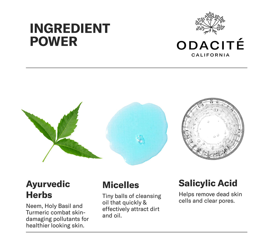 Odacité Blue Aura ingredients highlight micelles and herbs lifting dirt