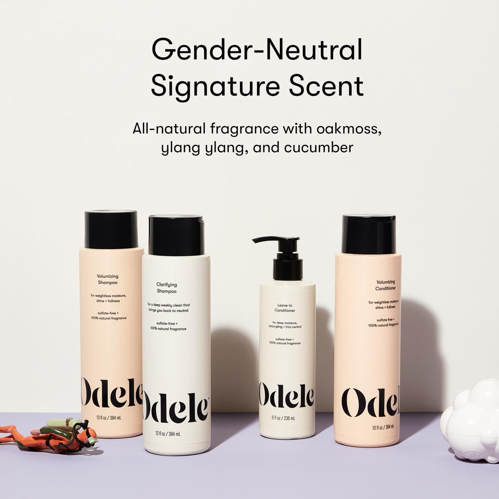Odele Clarifying Shampoo ingredients glass emphasizes a natural, clean formula.