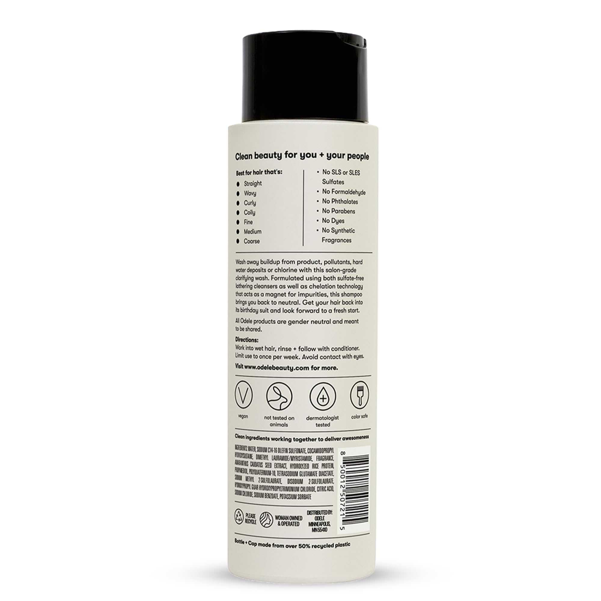 Odele Clarifying Shampoo packaging emphasizes vegan and cruelty-free commitment.