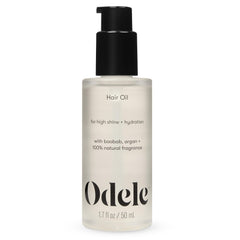 ODELE Hair Oil bottle showing baobab and argan oils for shiny, hydrated hair.