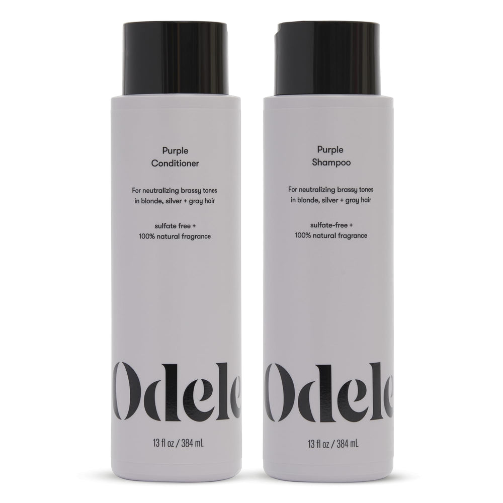 Odele Purple Shampoo bottle neutralizes brass for cooler blonde tones.