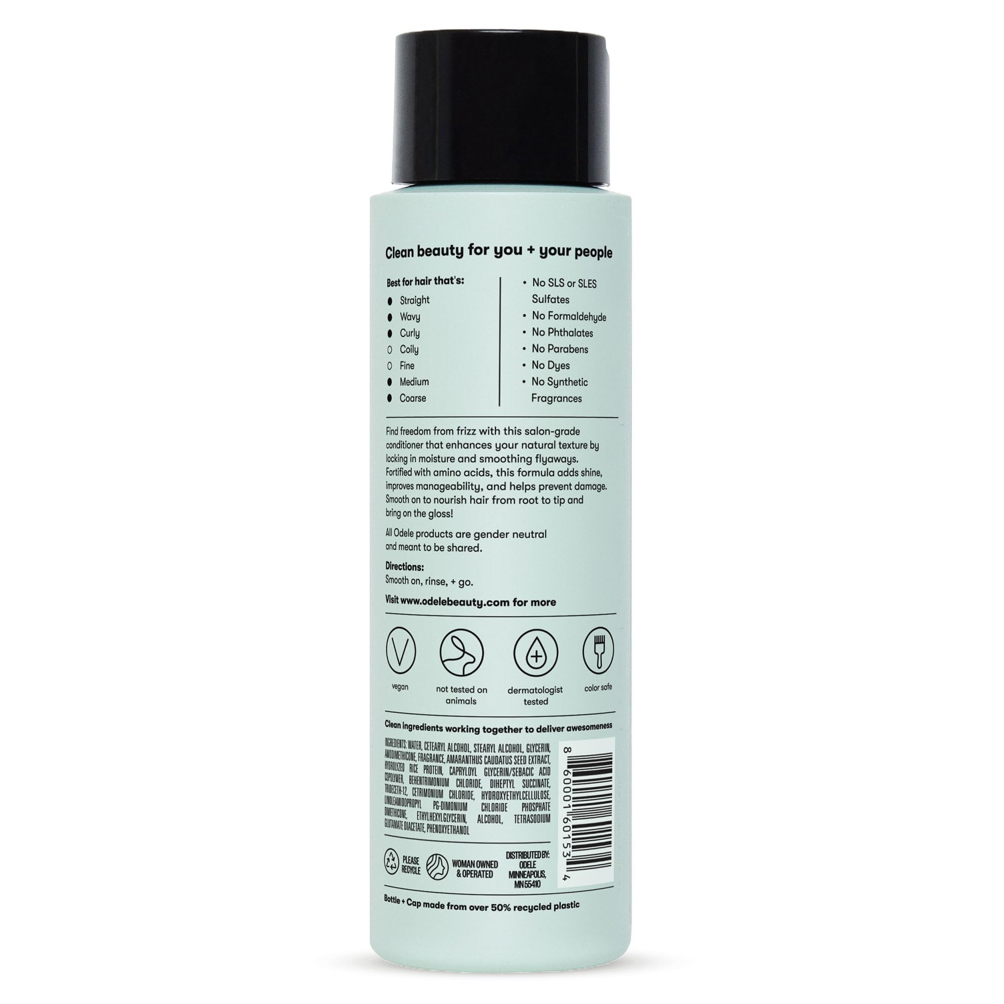 ODELE smoothing conditioner ingredient close-up features amino acids and natural extracts