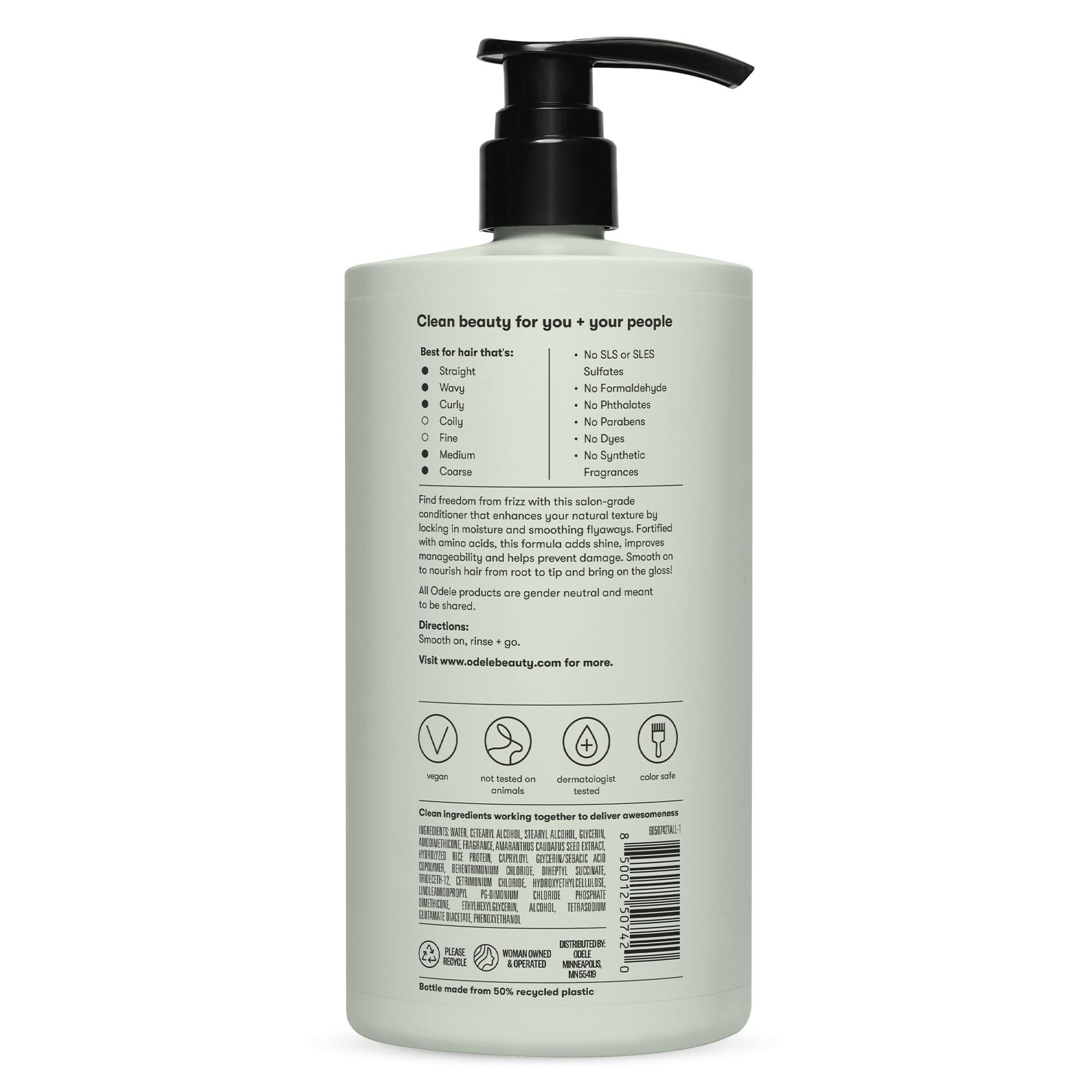 Odele Smoothing Conditioner vegan and cruelty-free label highlights ethics.