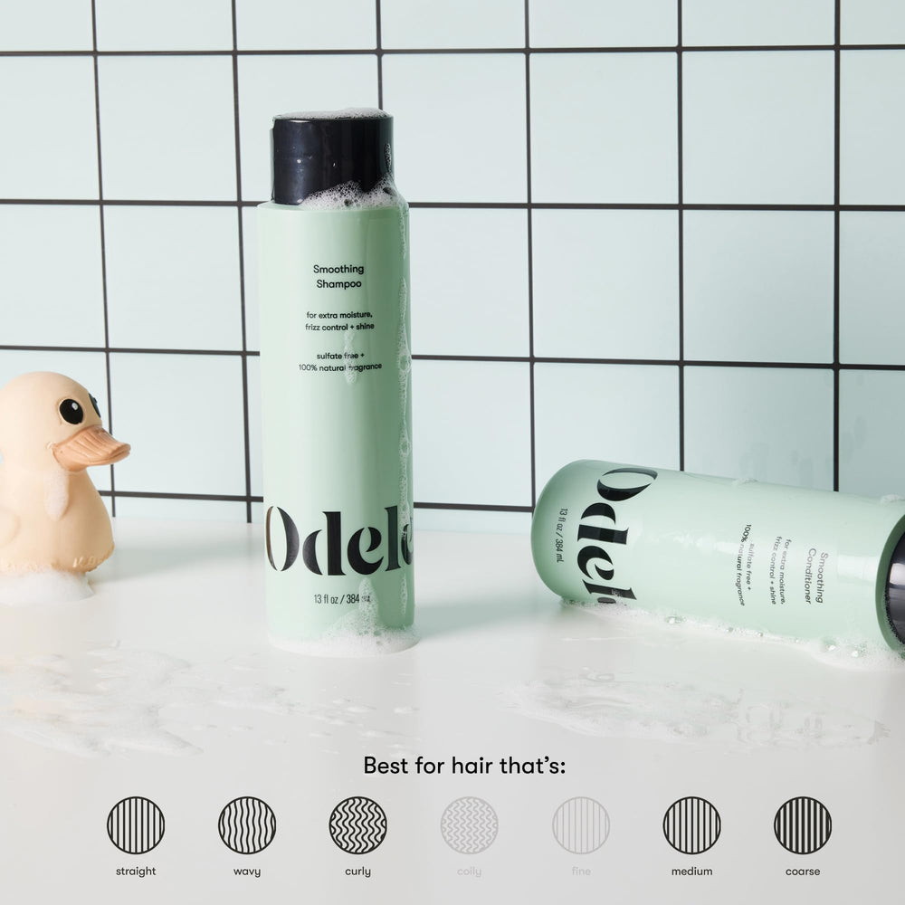 Odele smoothing shampoo and conditioner packaging highlights moisture and frizz control