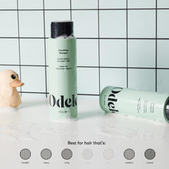 Odele smoothing shampoo and conditioner packaging highlights moisture and frizz control