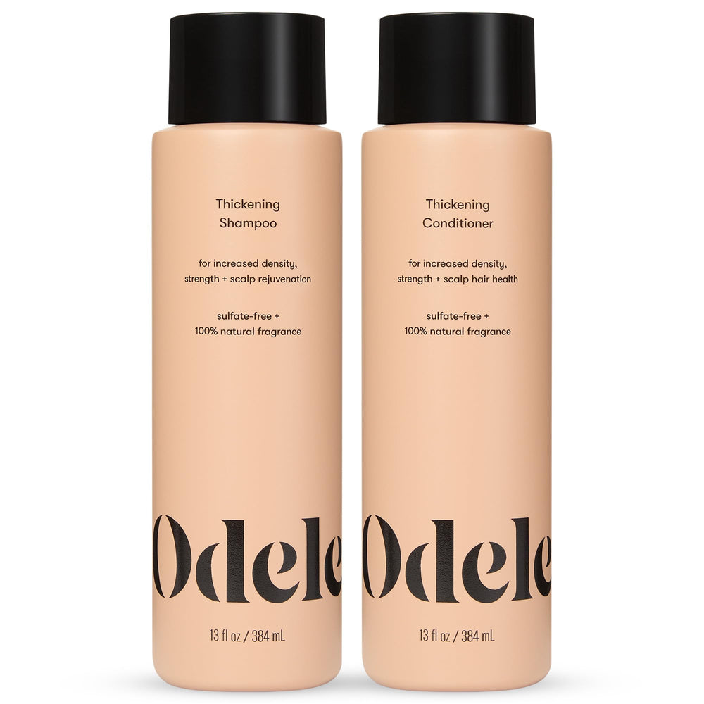 Odele thickening shampoo bottle pour demonstrates easy application for fuller-looking hair