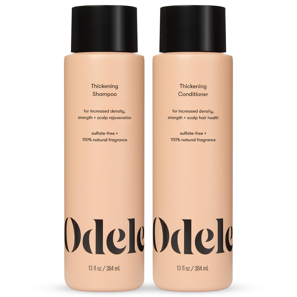 Odele thickening shampoo bottle pour demonstrates easy application for fuller-looking hair