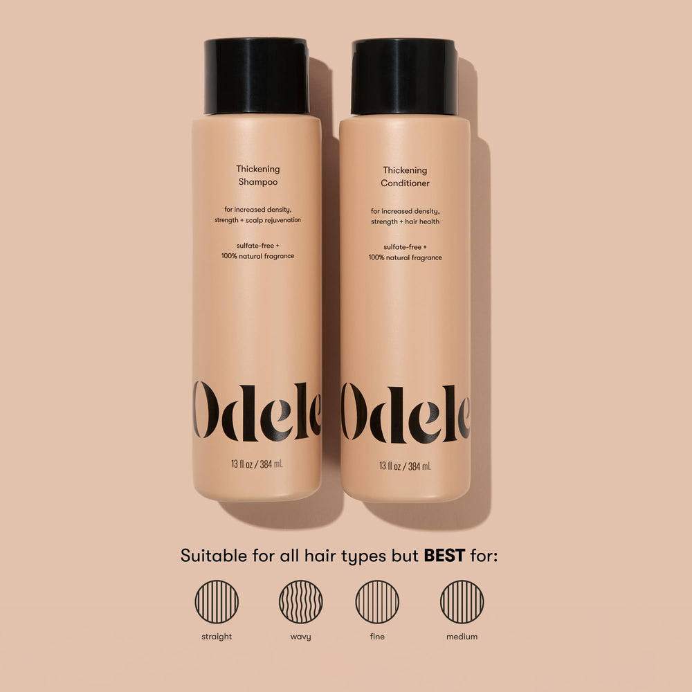 Odele thickening shampoo and conditioner packshot shows value set for density and shine