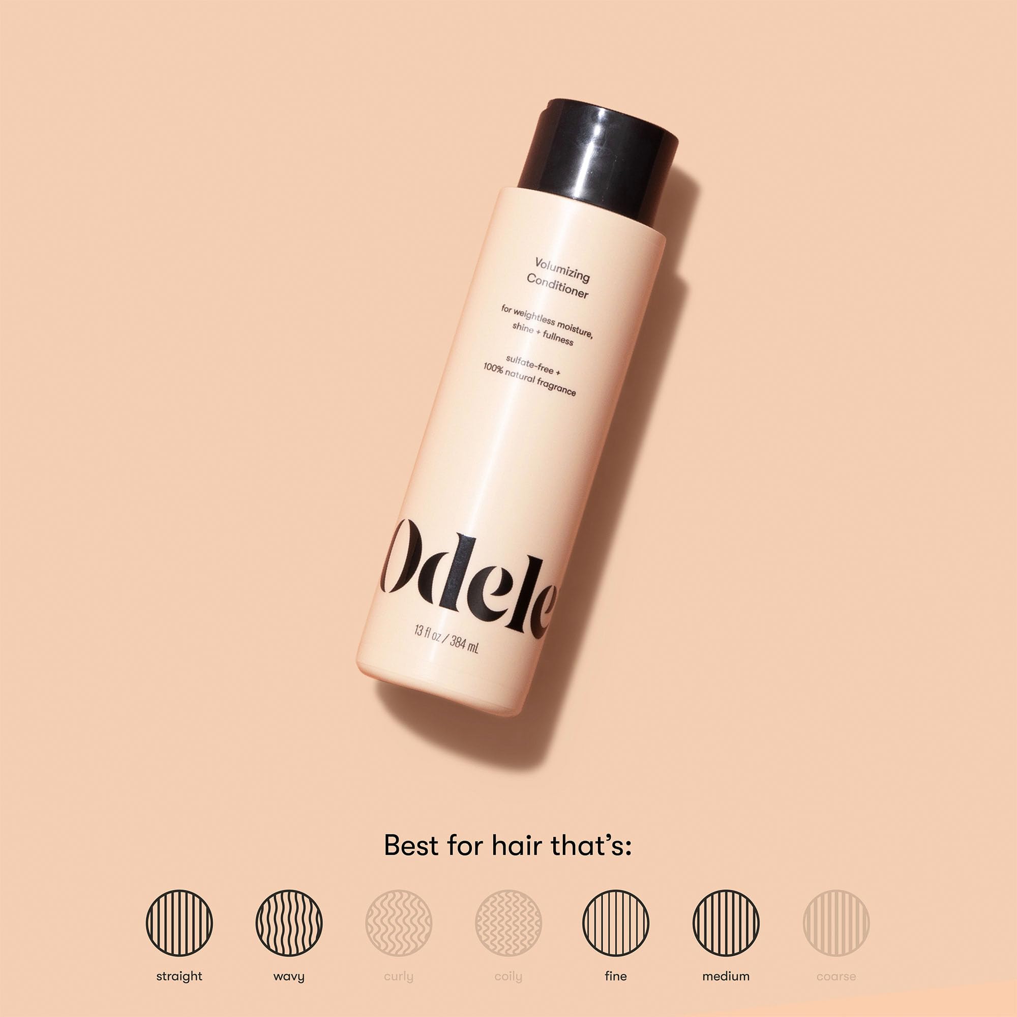 Odele Volumizing Conditioner label closeup notes sulfate-free formula and vegan ingredients.