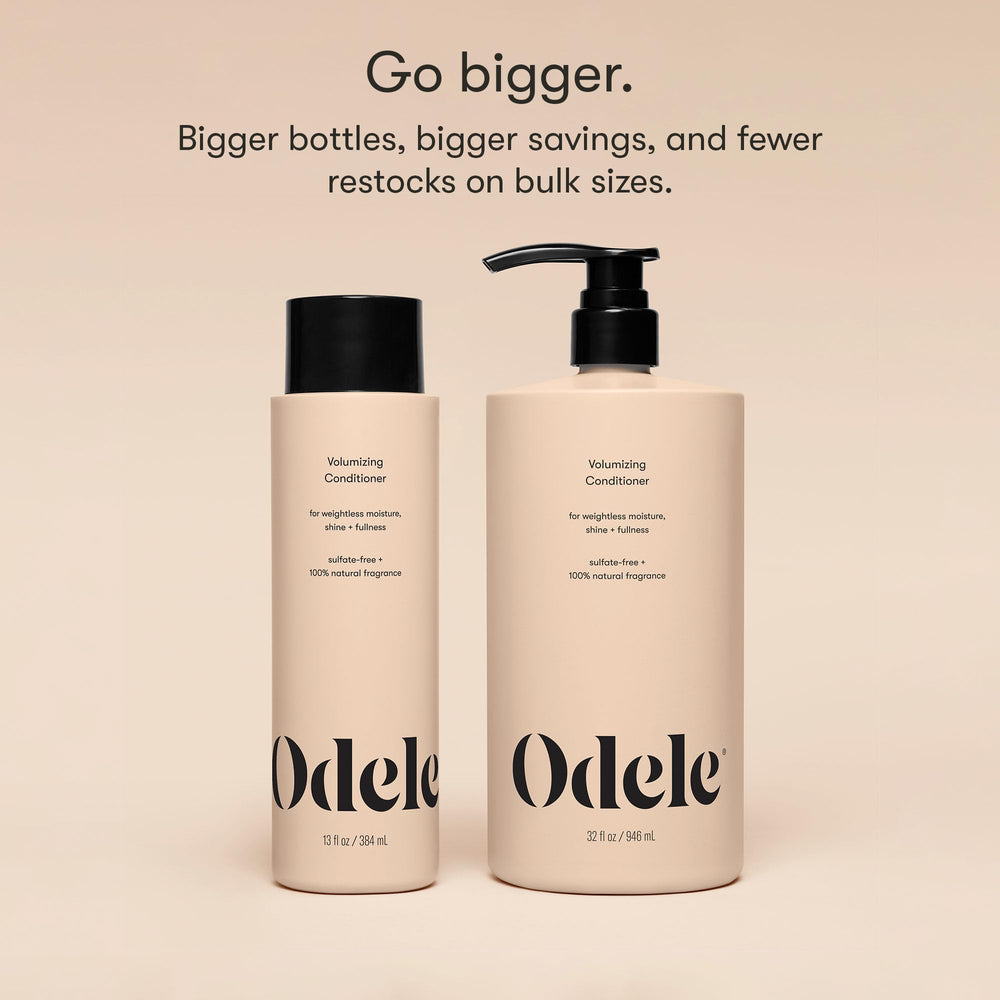 Odele Volumizing Conditioner shine closeup reveals a glossy finish on hair.