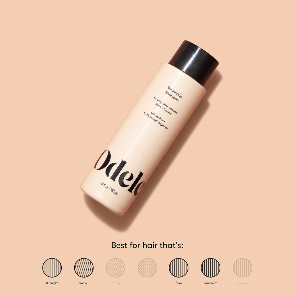 Odele Volumizing Shampoo applied on hair showing smooth, manageable strands.