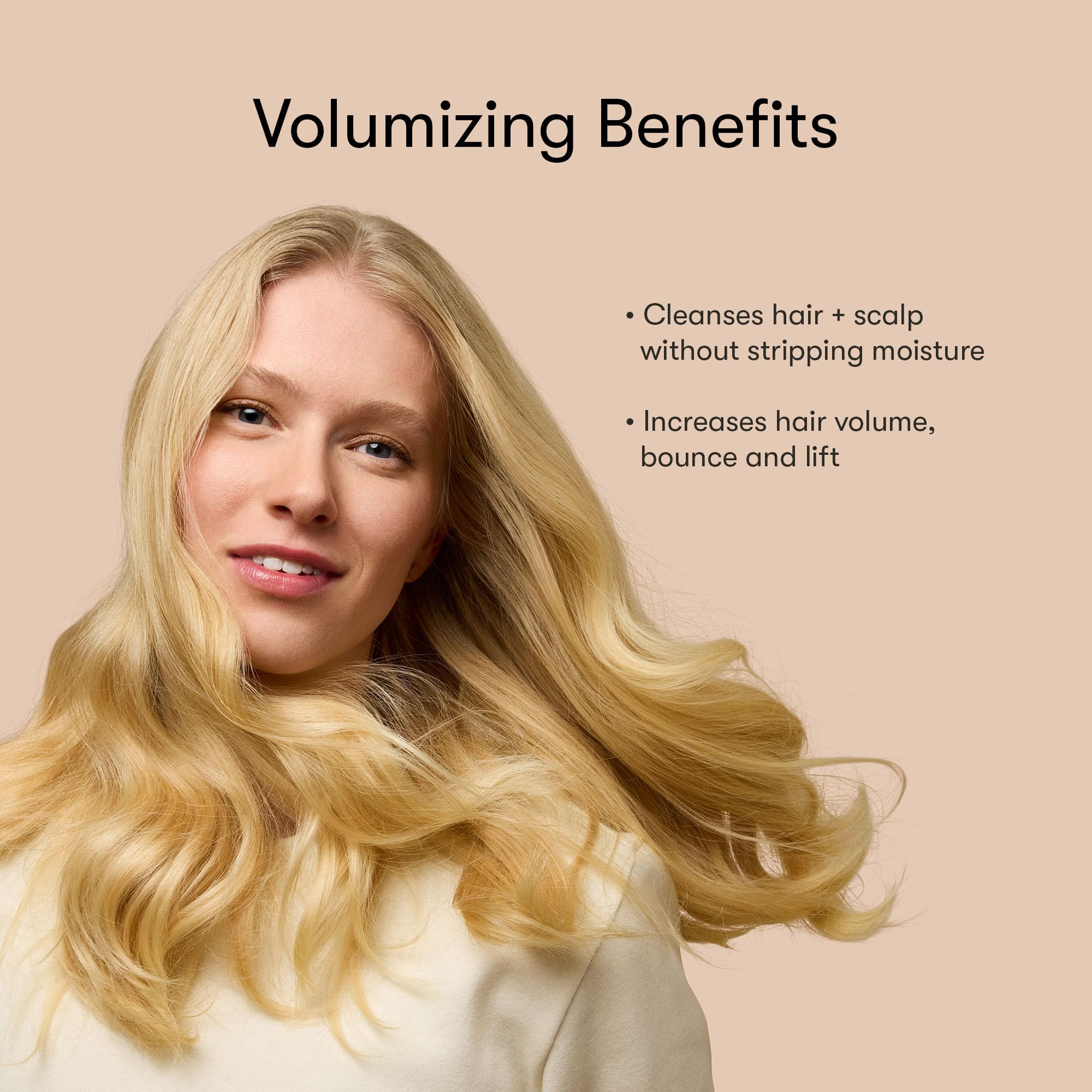 Close-up of shiny, healthy-looking hair after using Odele Volumizing Shampoo.