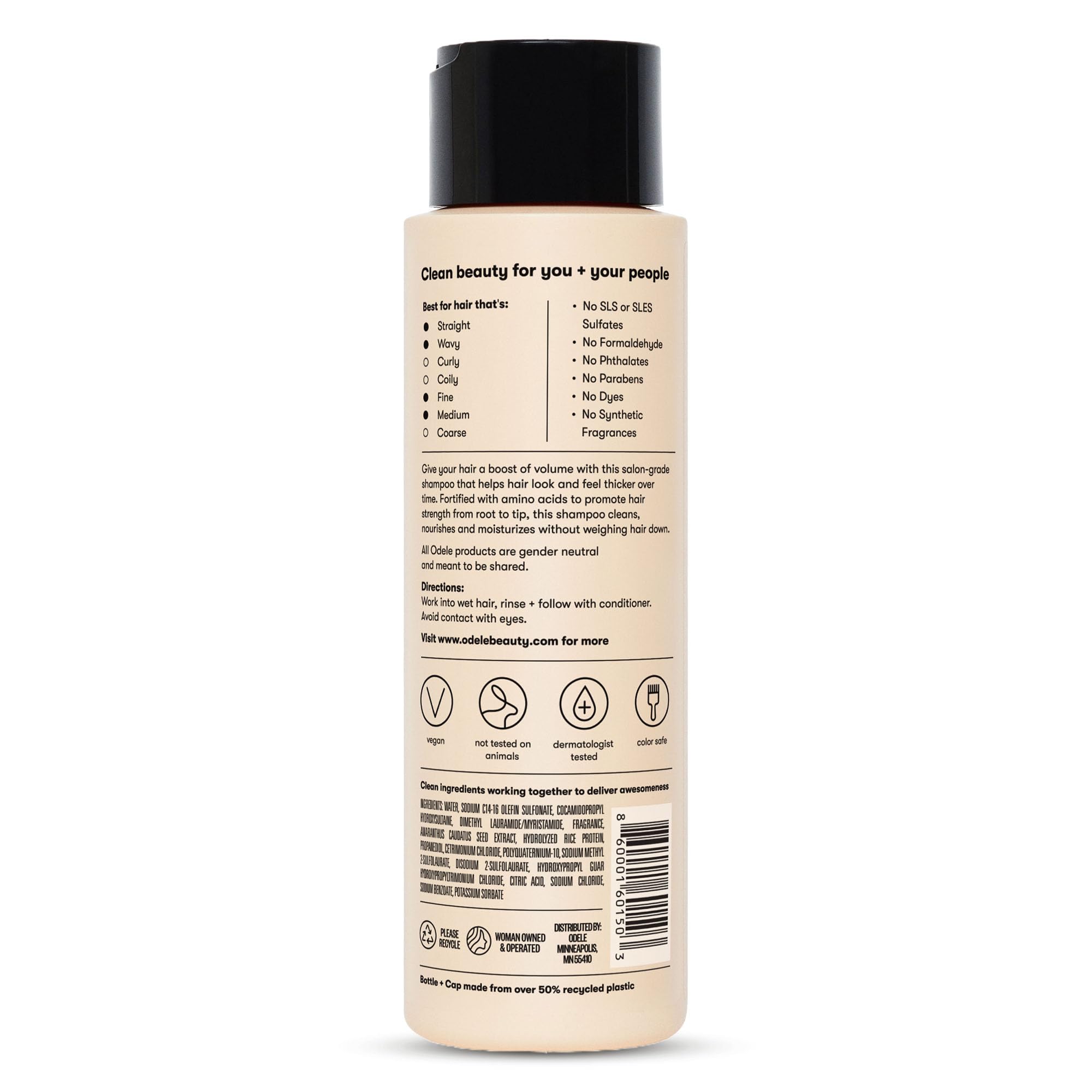 Odele Volumizing Shampoo label notes sulfate-free, vegan, and color-safe formula.