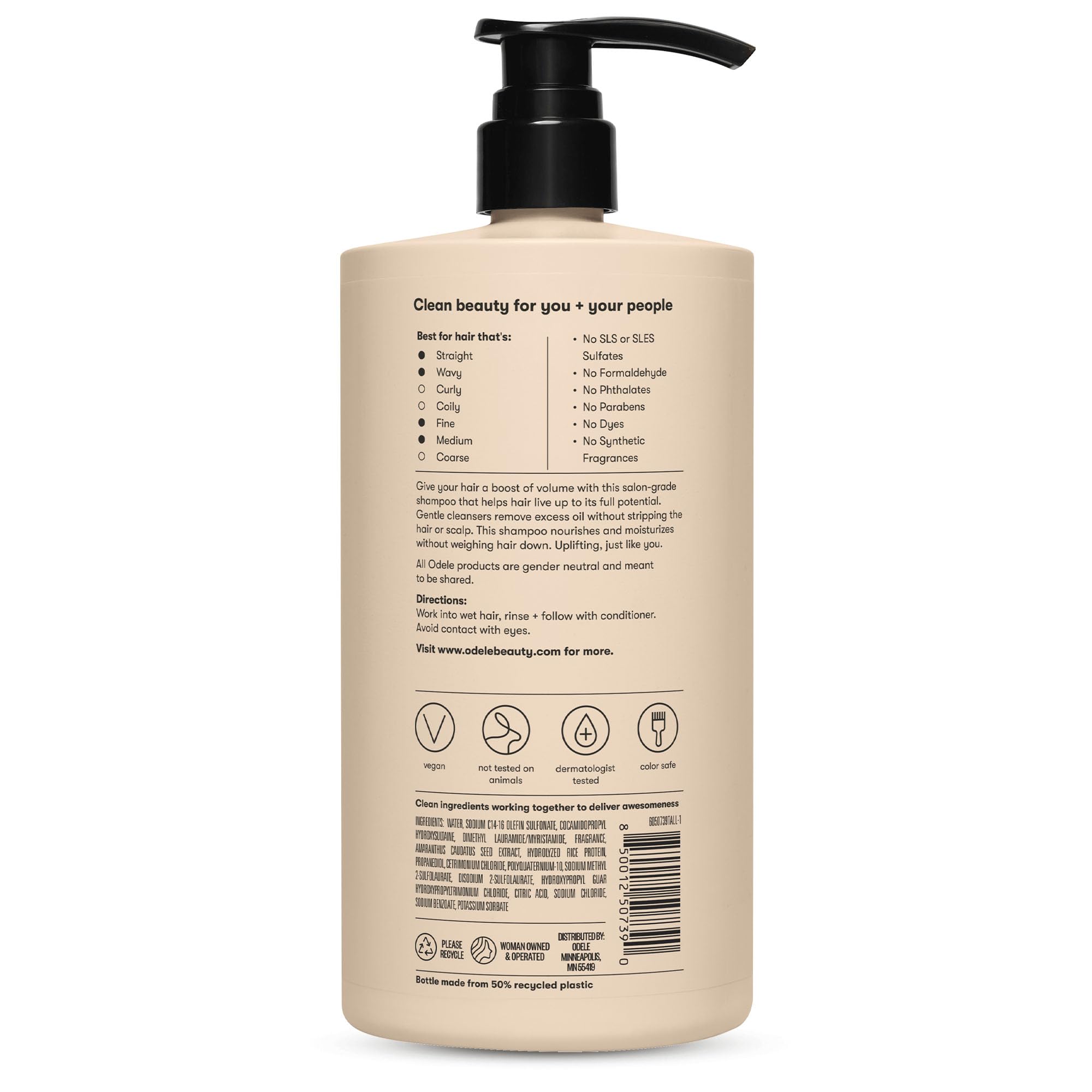 Dermatologist-tested, vegan, cruelty-free badge on Odele Volumizing Shampoo packaging.