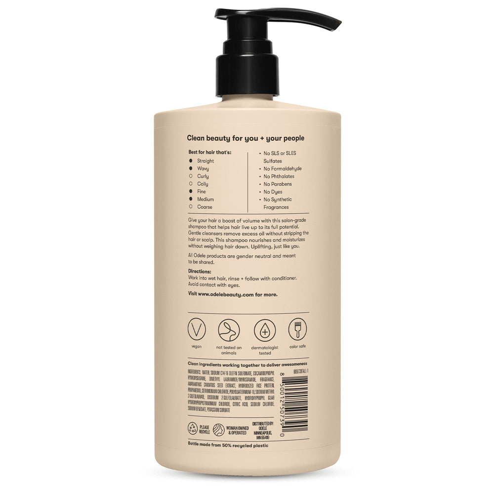 Dermatologist-tested, vegan, cruelty-free badge on Odele Volumizing Shampoo packaging.