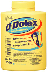 Odolex deodorant talcum powder packaging in a 150g tin for long-lasting freshness.