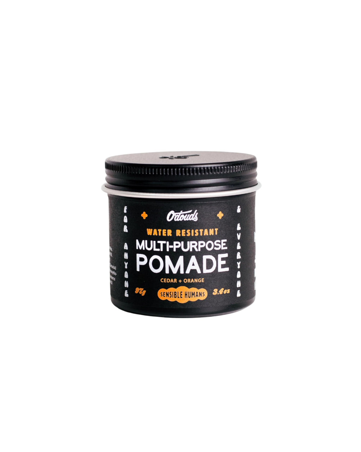 O'Douds Multi-Pomade jar with cedarwood-orange scent for durable styling.