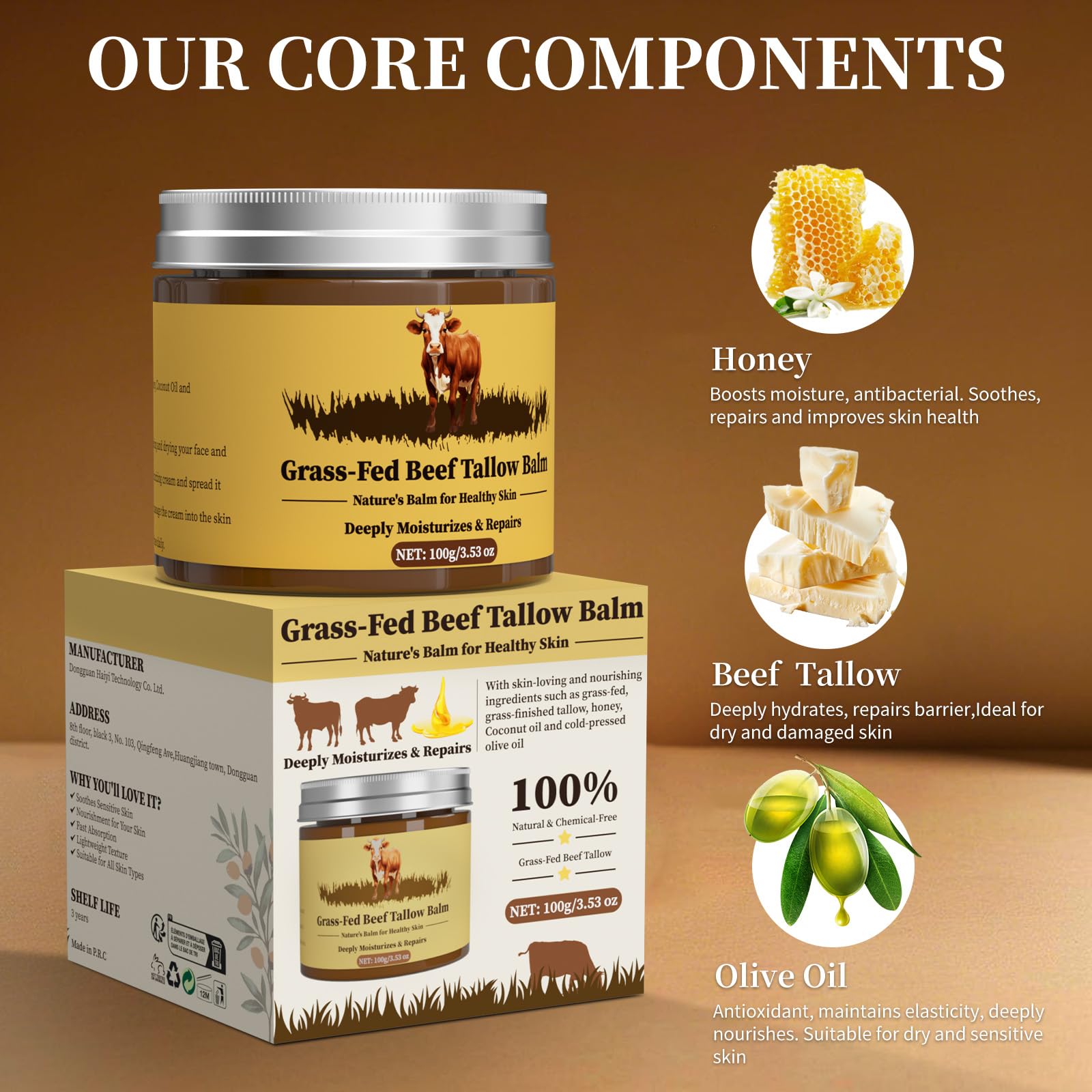 Oebitor Honey Tallow Balm close-up illustrates soothing texture for daily use.