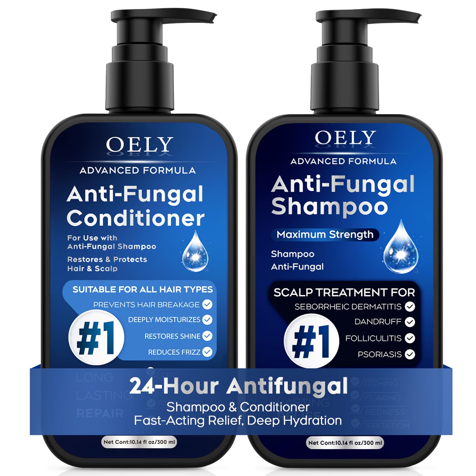 Oely antifungal shampoo bottle with pump for easy scalp care and application.