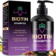 Oely Biotin Hair Growth Shampoo bottle highlighting root-strengthening formula for fuller hair.