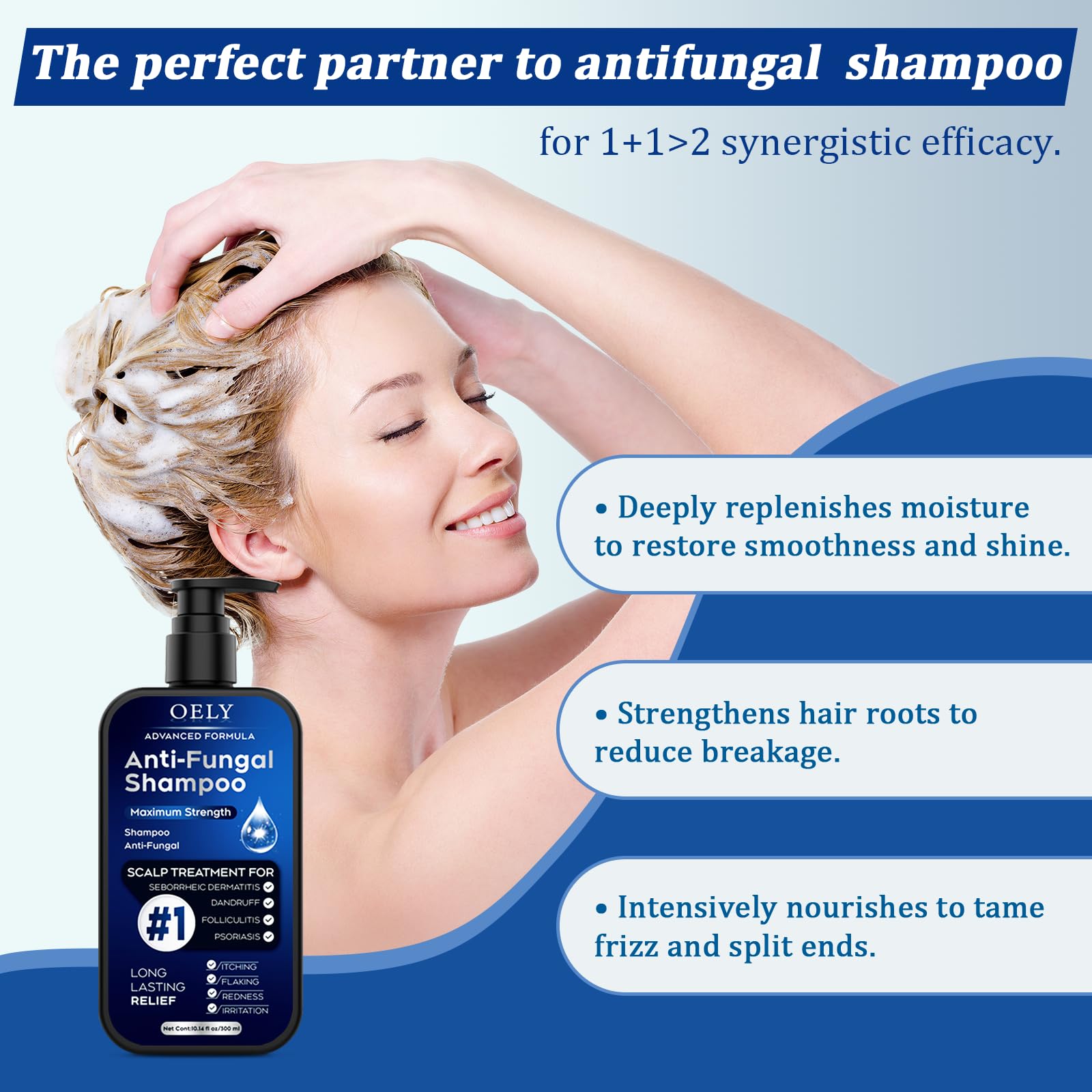 Oely shampoo lather closeup showing rich foam for gentle cleansing.