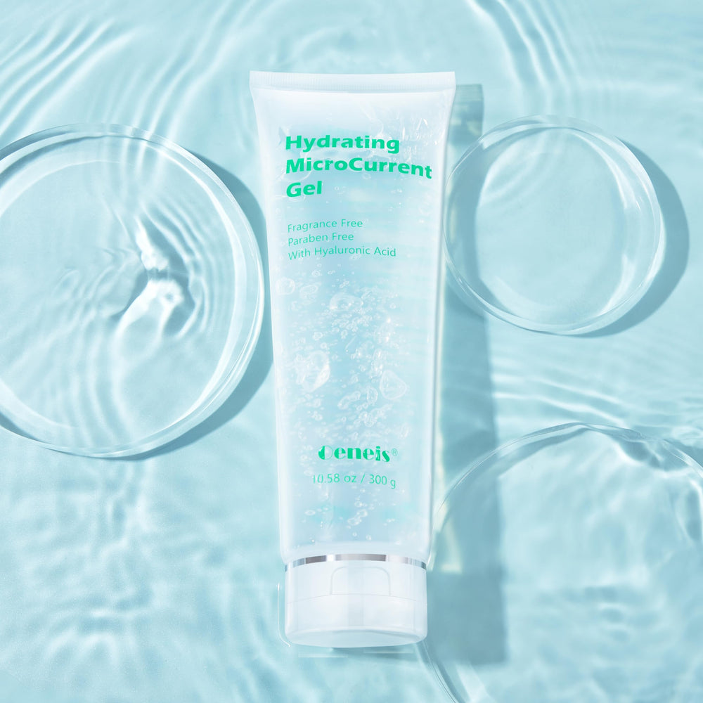 Oeneis Hydrating Microcurrent Gel back view showing fragrance-free formula for sensitive skin.