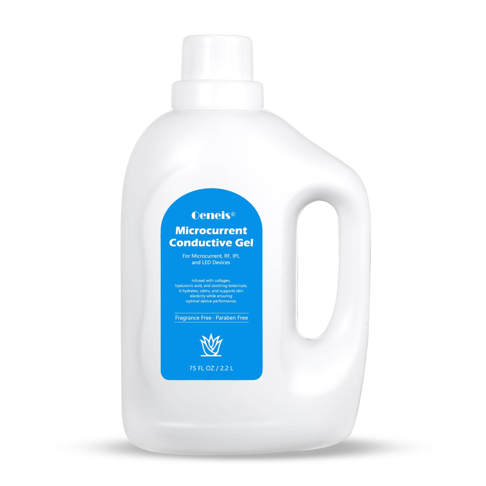 Oeneis microcurrent conductive gel bottle, ready for facial sessions.