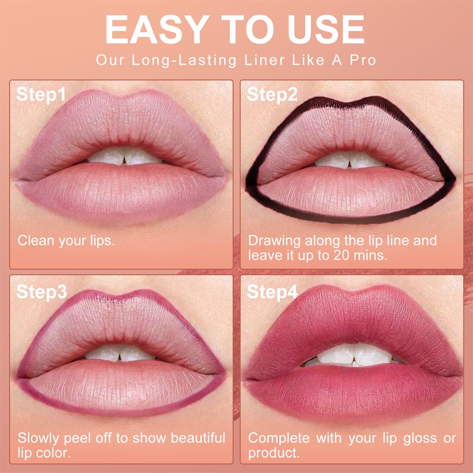 OETUIOW peel-off lip liner being peeled to reveal moisturized lips