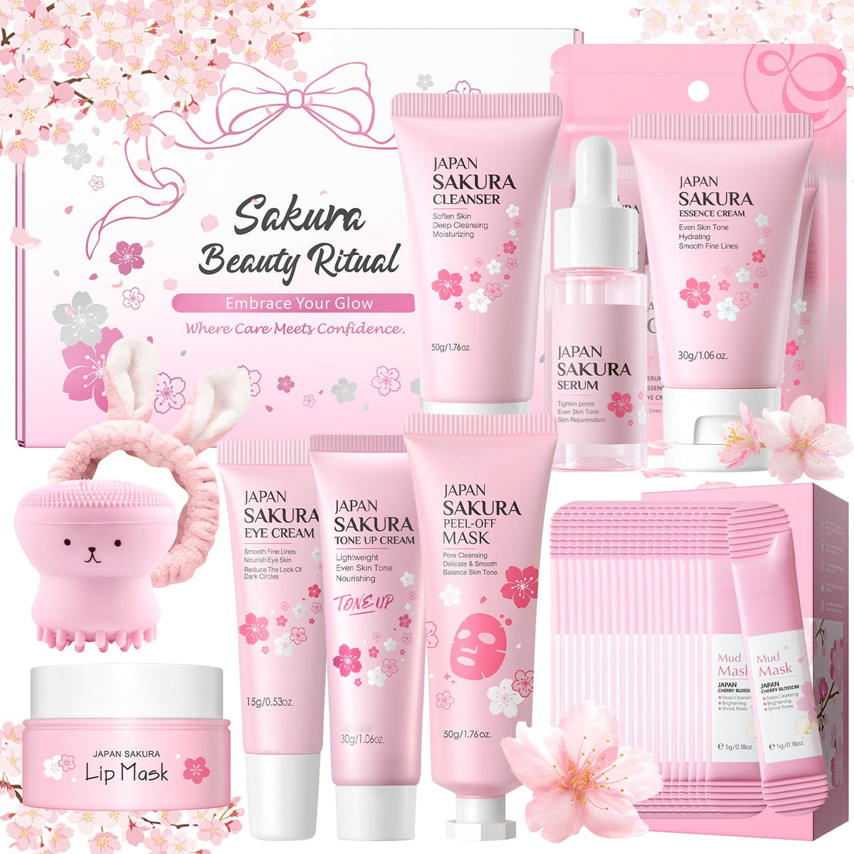 Ofanyia Sakura skincare set packaging, ideal for gifting and travel.