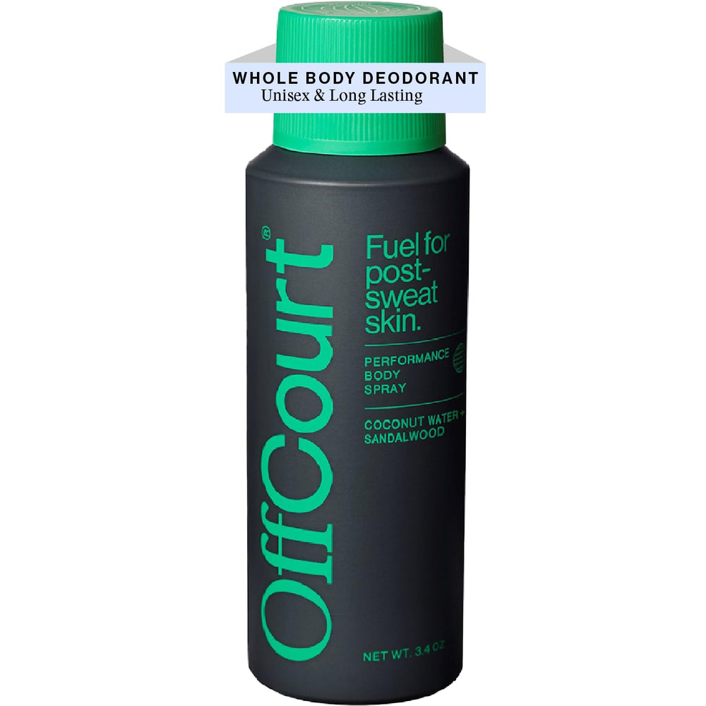 OffCourt natural deodorant spray bottle with mist for quick, even coverage.