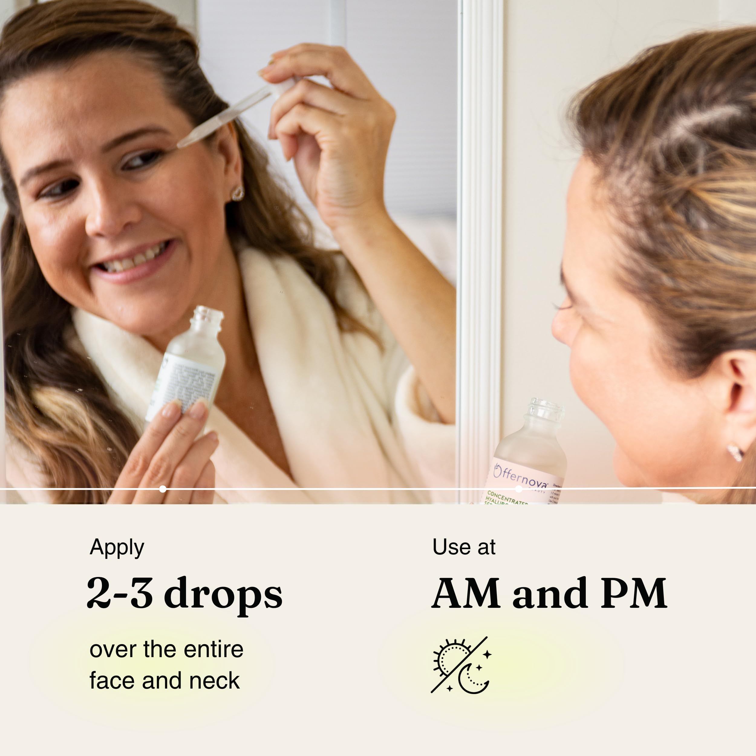 Offernova serum application closeup showing gentle patting on skin.