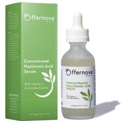 Offernova Concentrated Hyaluronic Acid Serum bottle pouring for instant hydration and quick absorption.