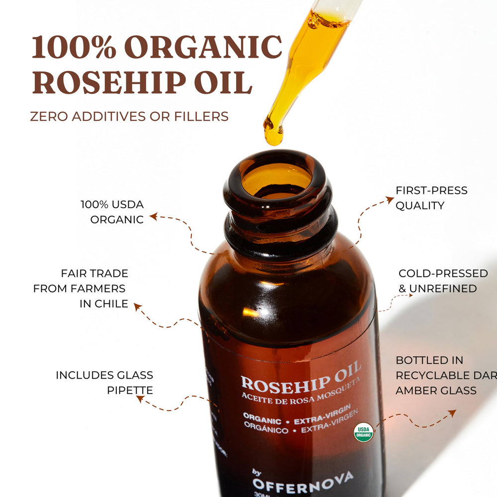 Offernova Rosehip Oil label showing USDA Organic purity and clean processing