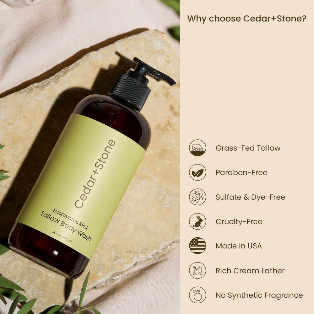 OfficeKit Cedar + Stone Clean Body Wash aloe vera and green tea extracts close-up.