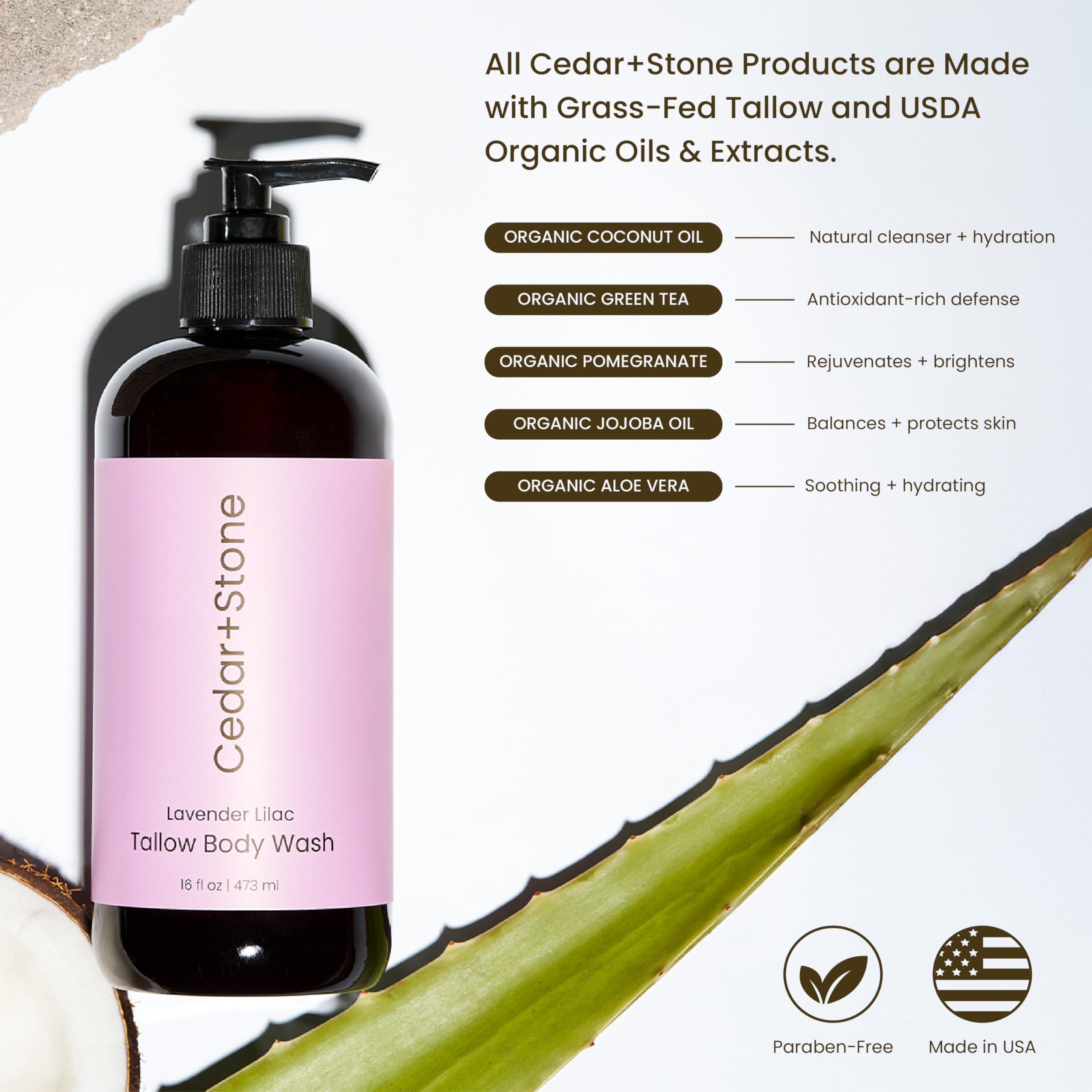 Close-up of OfficeKit Cedar + Stone label highlighting grass-fed tallow.