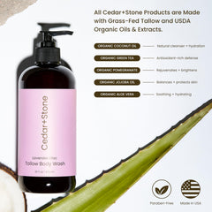 Close-up of OfficeKit Cedar + Stone label highlighting grass-fed tallow.