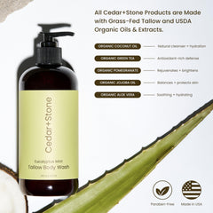 OfficeKit Cedar + Stone Clean Body Wash label close-up highlighting USDA Organic oils.