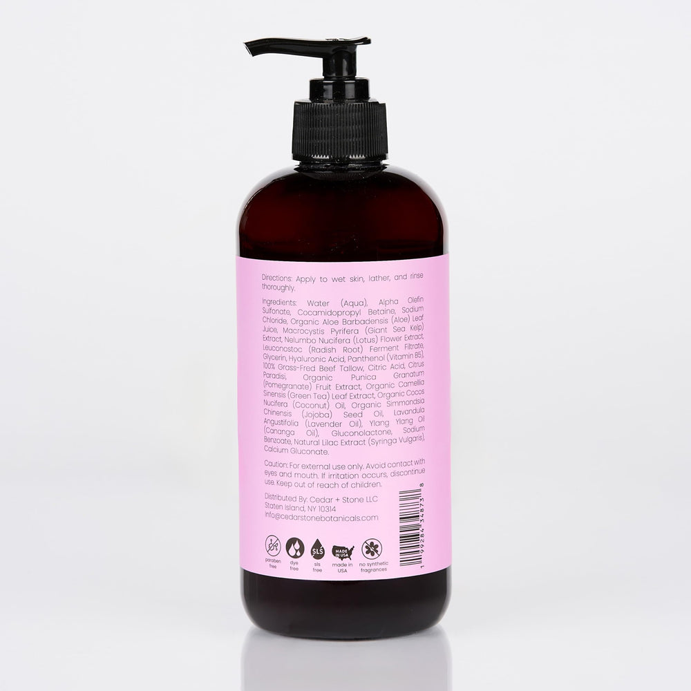 Creamy gel lather forms when massaged into skin for a gentle cleanse.