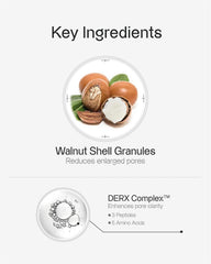 OGANACELL DERX walnut scrub grains enacting gentle exfoliation on skin.