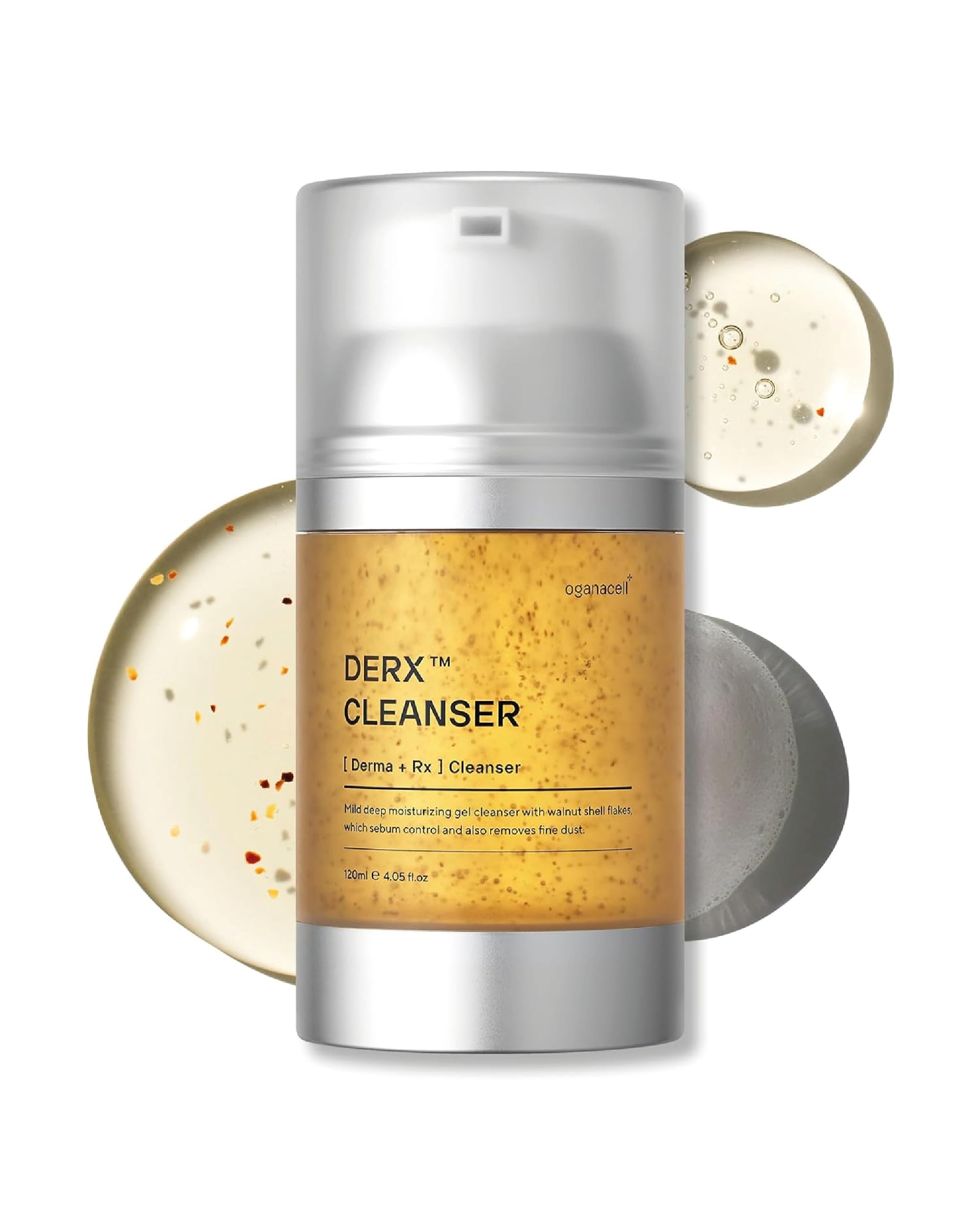 OGANACELL DERX Cleanser with walnut scrub texture for pore refinement and smooth skin.