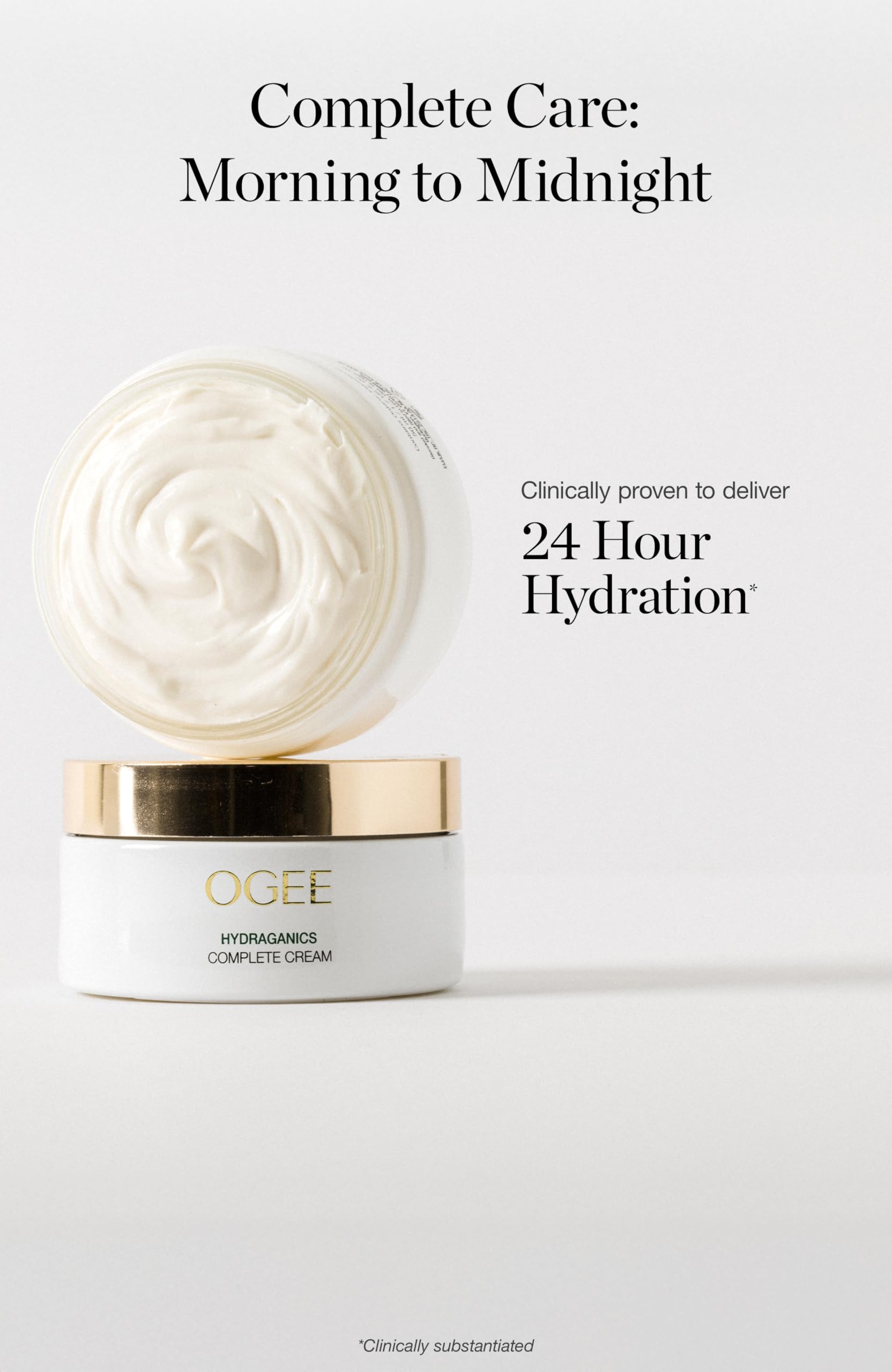 Ogee Complete Cream highlights vitamin C and hyaluronic acid for brightening hydration.
