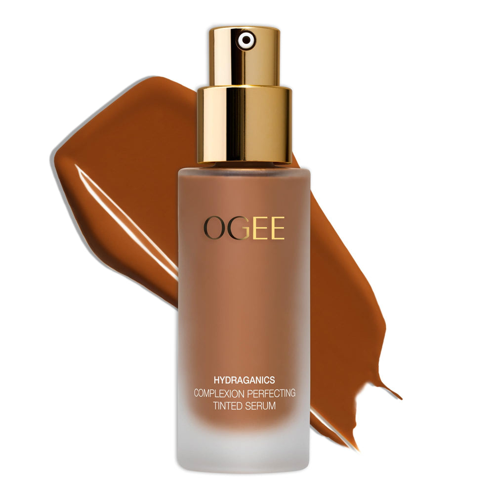 Ogee Complexion Perfecting Foundation bottle close-up shows lightweight coverage.