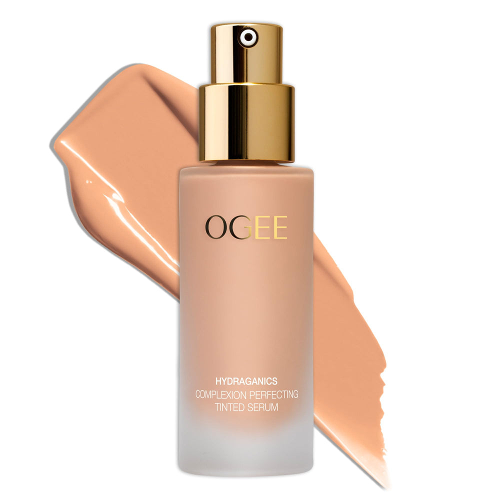 Ogee Complexion Perfecting Foundation bottle with pump showing lightweight coverage.