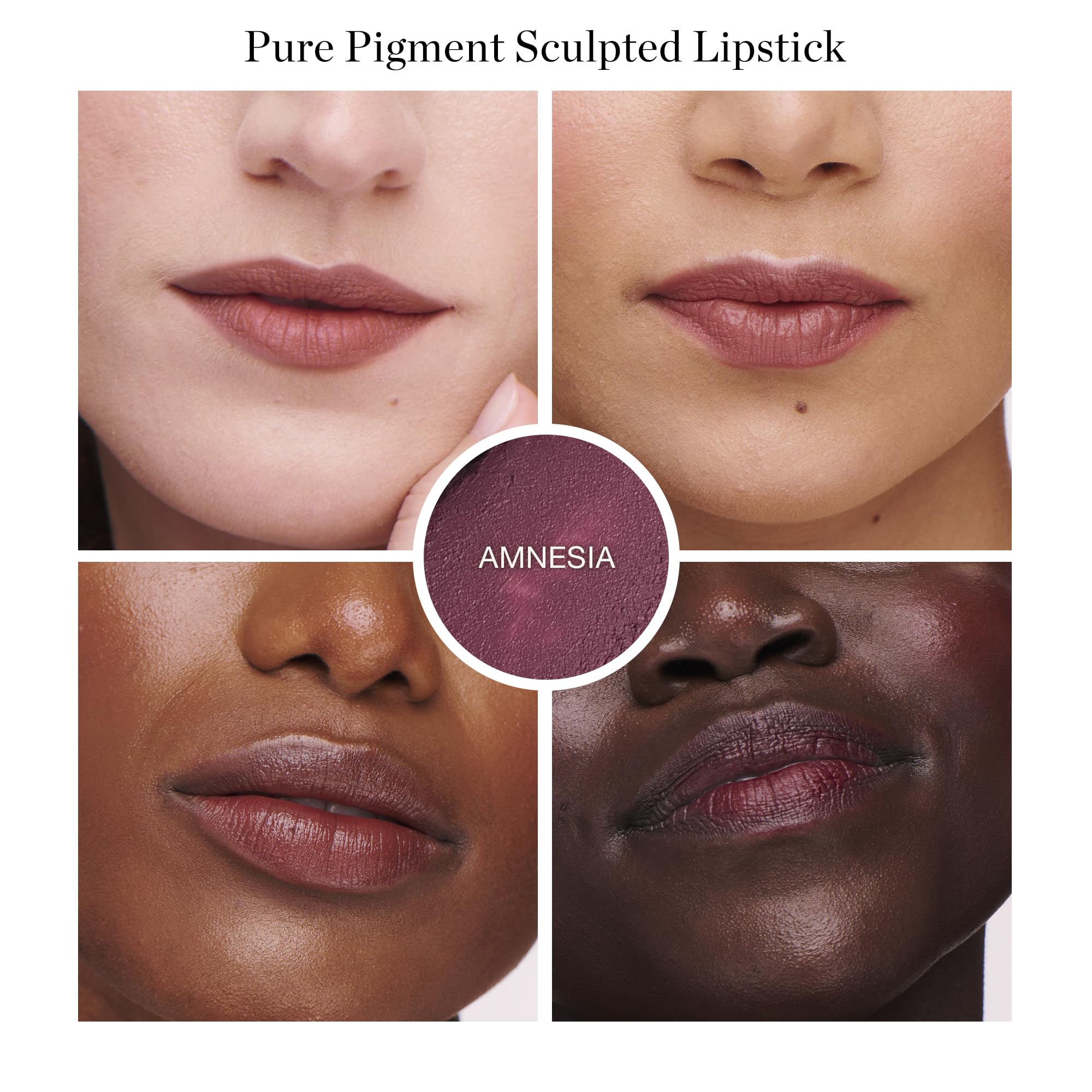 Ogee Full Bloom Lipstick Amnesia swatches reveal rich mauve-pink color.
